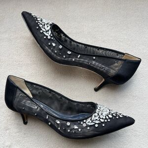 Badgley Mischka Onyx Embellished Black Mesh Kitten Heel‎ Pumps Women 8 Formal